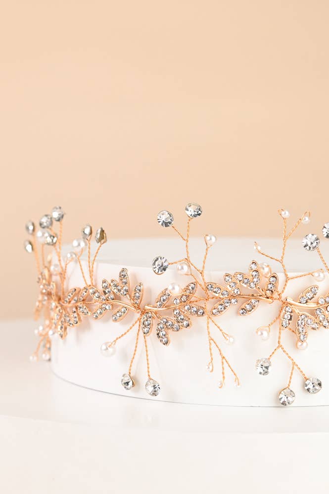 ETHEREAL GOLD VINE AND CRYSTAL PEARL SILK RIBBON BRIDAL HEADBAND