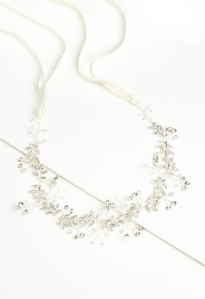 ETHEREAL SILVER VINE AND CRYSTAL PEARL SILK RIBBON BRIDAL HEADBAND