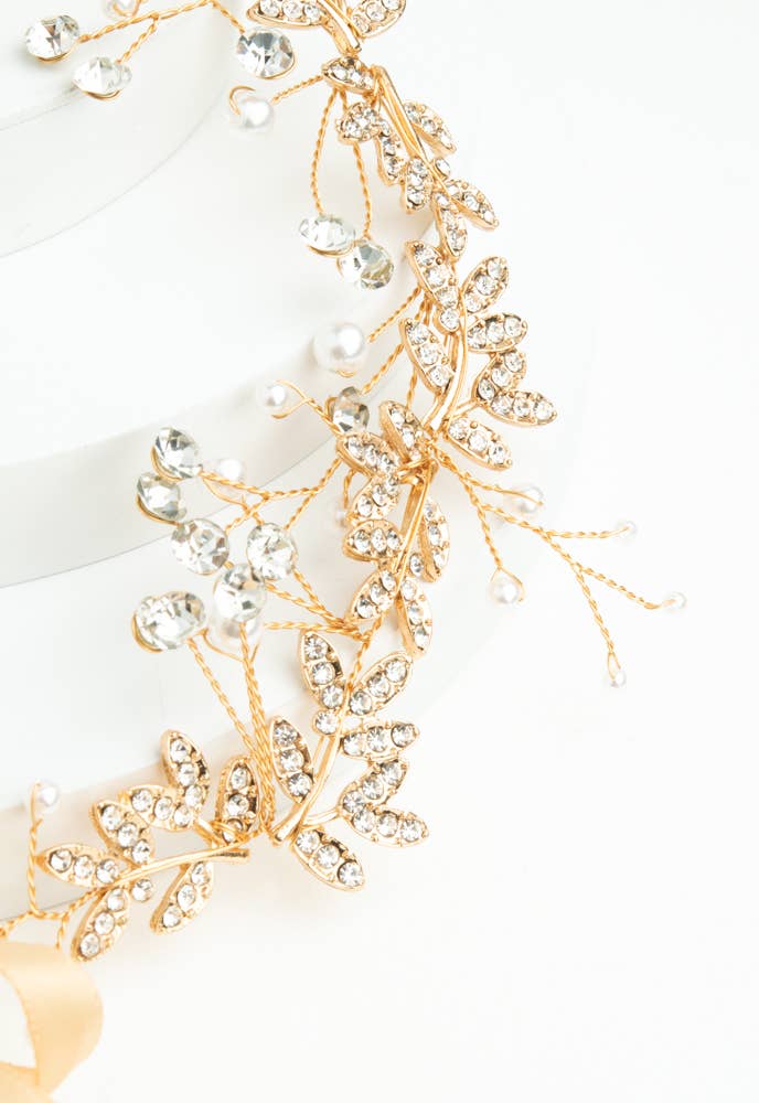 ETHEREAL GOLD VINE AND CRYSTAL PEARL SILK RIBBON BRIDAL HEADBAND