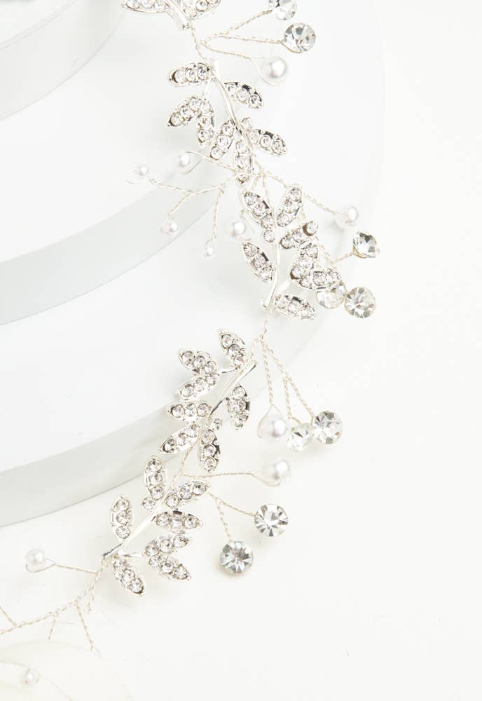 ETHEREAL SILVER VINE AND CRYSTAL PEARL SILK RIBBON BRIDAL HEADBAND