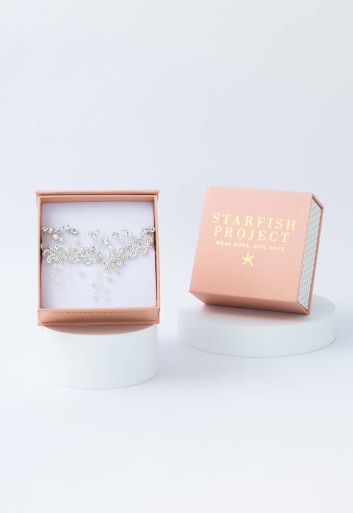 ETHEREAL SILVER VINE AND CRYSTAL PEARL SILK RIBBON BRIDAL HEADBAND