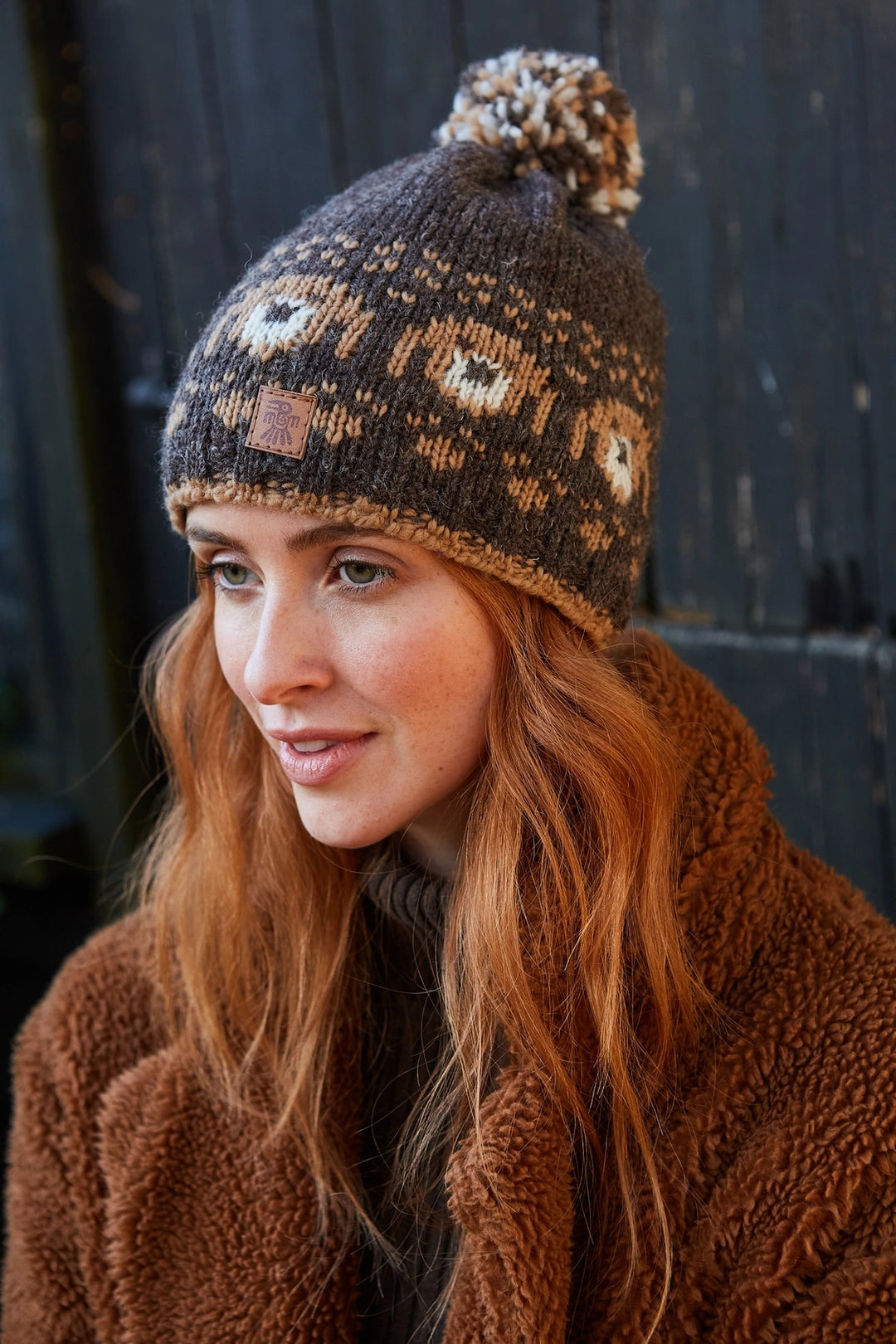 HAND KNITTED BARK BOBBLE BEANIE