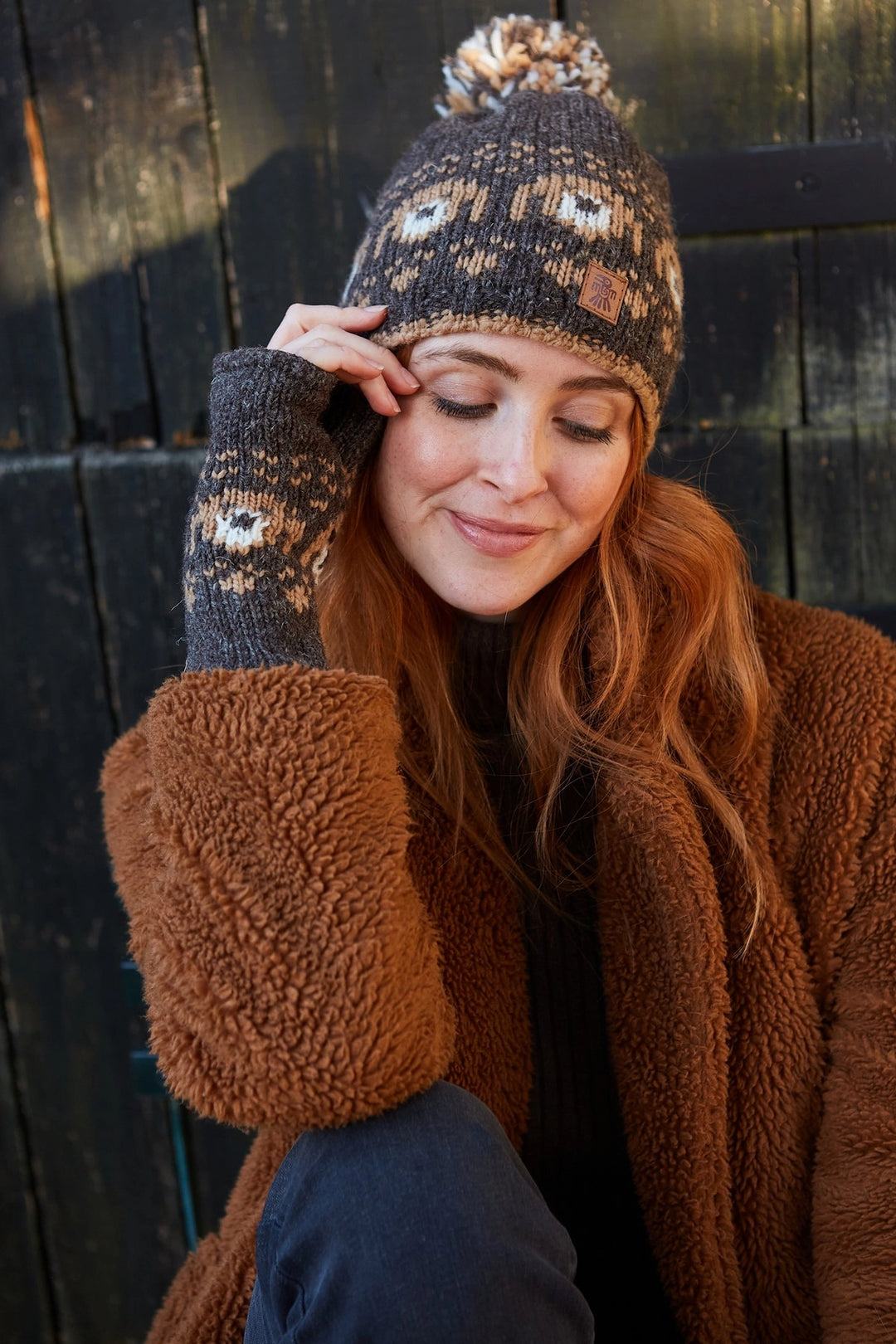 HAND KNITTED BARK BOBBLE BEANIE