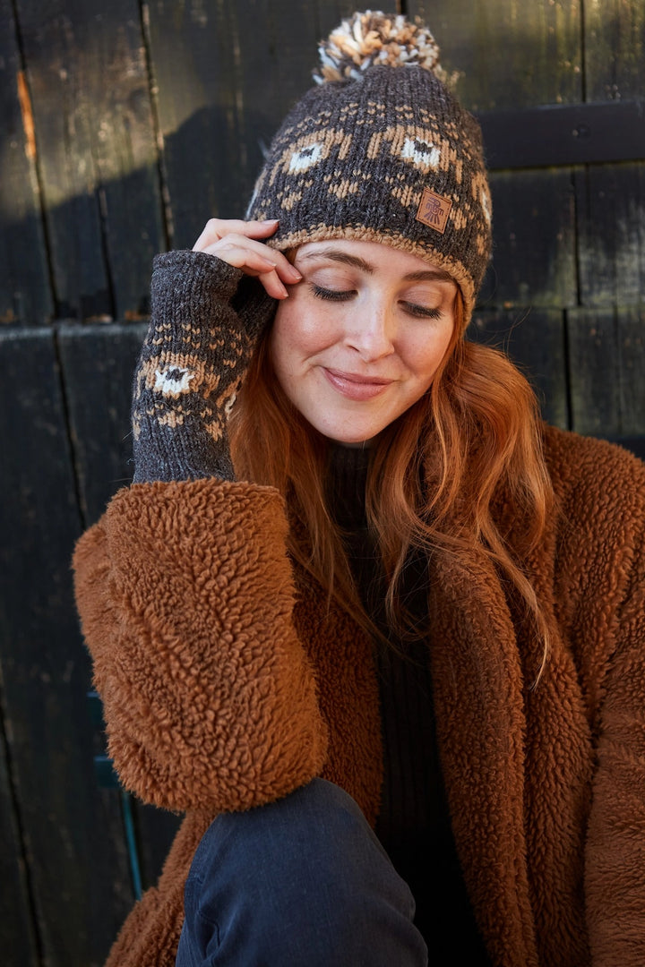 HAND KNITTED BARK BOBBLE BEANIE