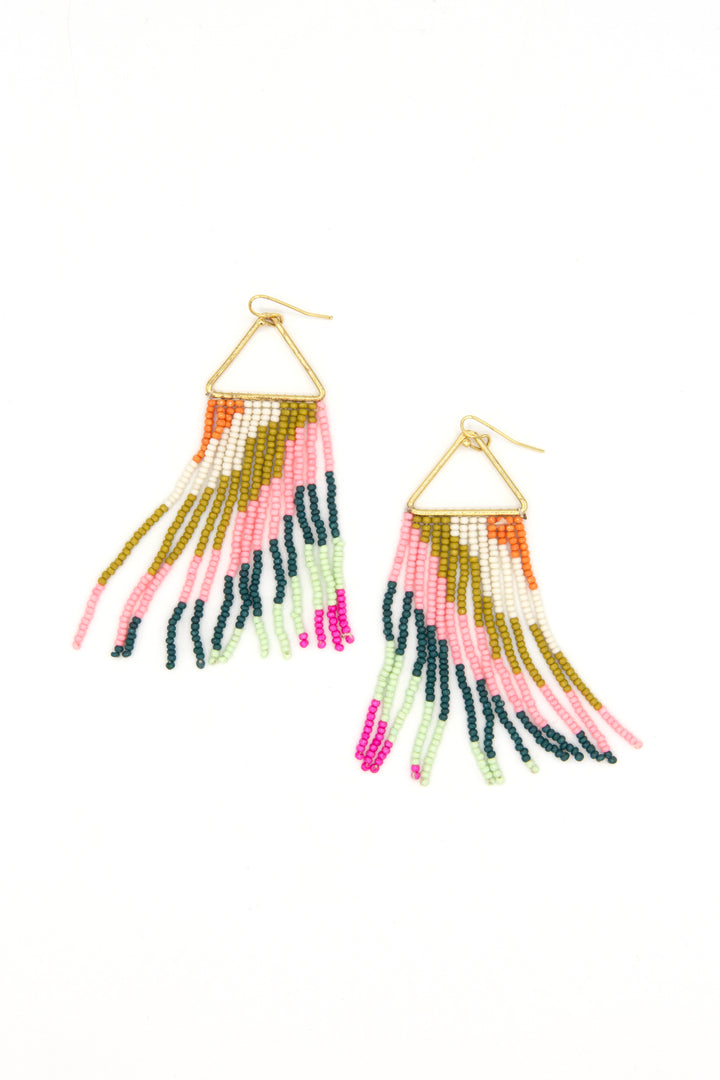 Diagonal Stripe Beaded Fringe Earrings Rainbow