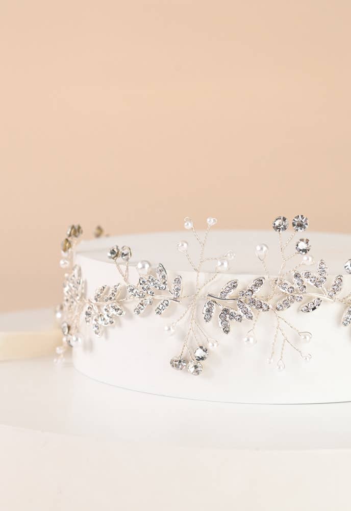 ETHEREAL SILVER VINE AND CRYSTAL PEARL SILK RIBBON BRIDAL HEADBAND