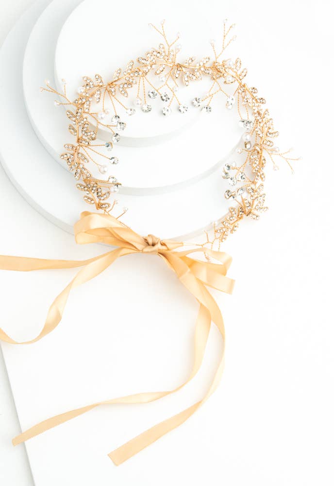 ETHEREAL GOLD VINE AND CRYSTAL PEARL SILK RIBBON BRIDAL HEADBAND