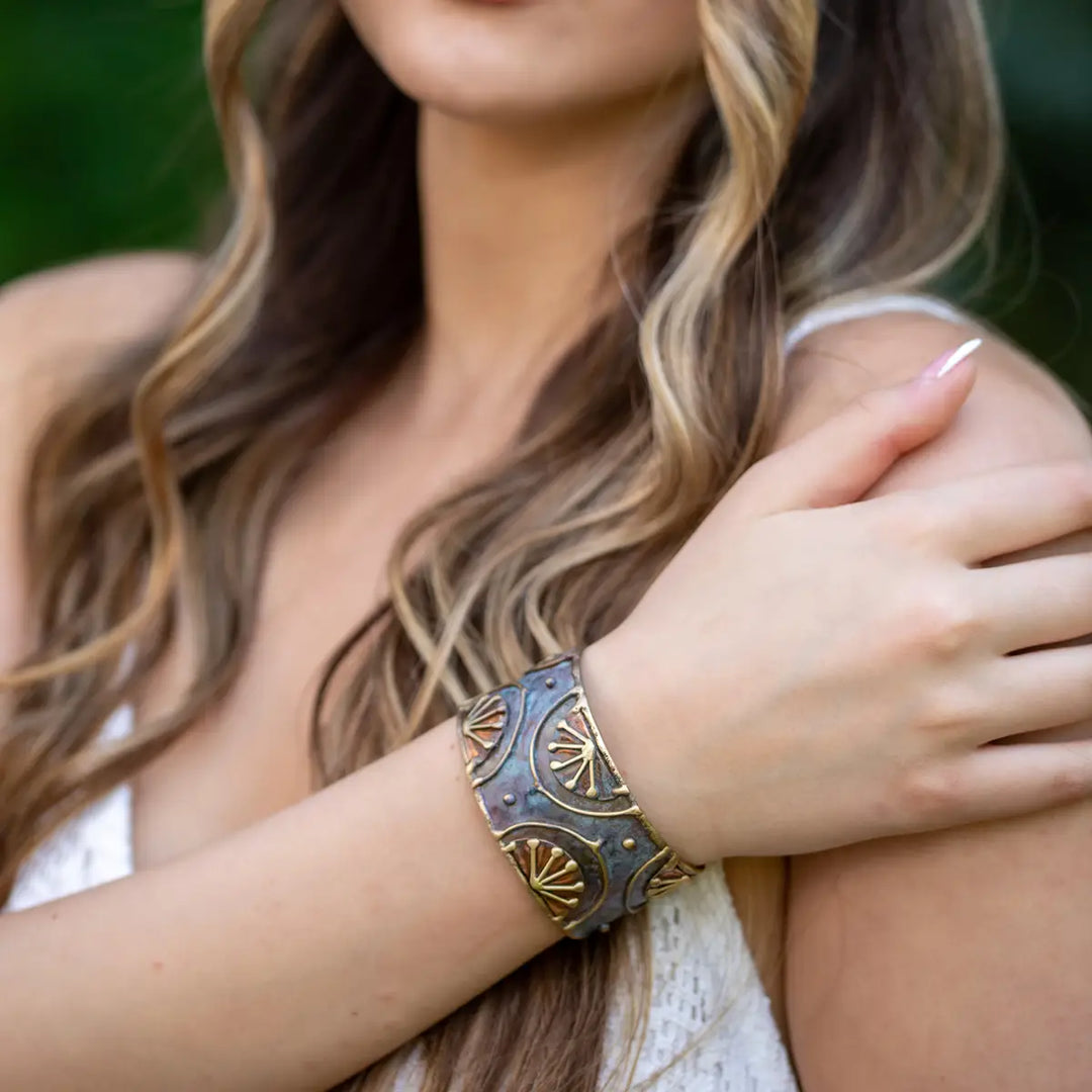 BRASS PATINA ADJUSTABLE BLUE SUN CUFF BRACELET