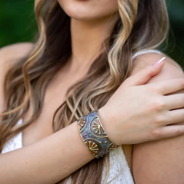 BRASS PATINA ADJUSTABLE BLUE SUN CUFF BRACELET