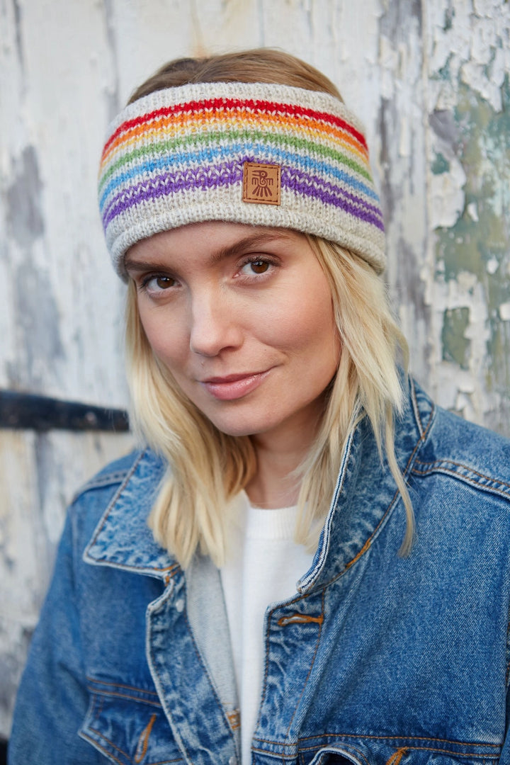 HAND KNITTED HEADBAND EAR WARMER: RAINBOW & OATMEAL
