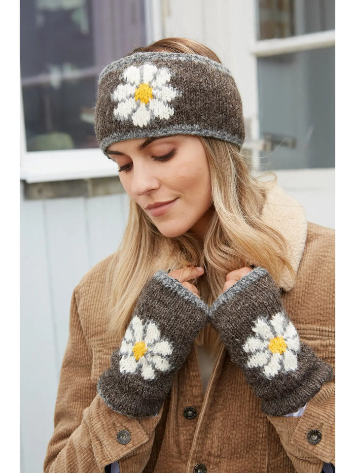 DAISY PRINT HAND KNITTED HEADBAND EAR WARMER