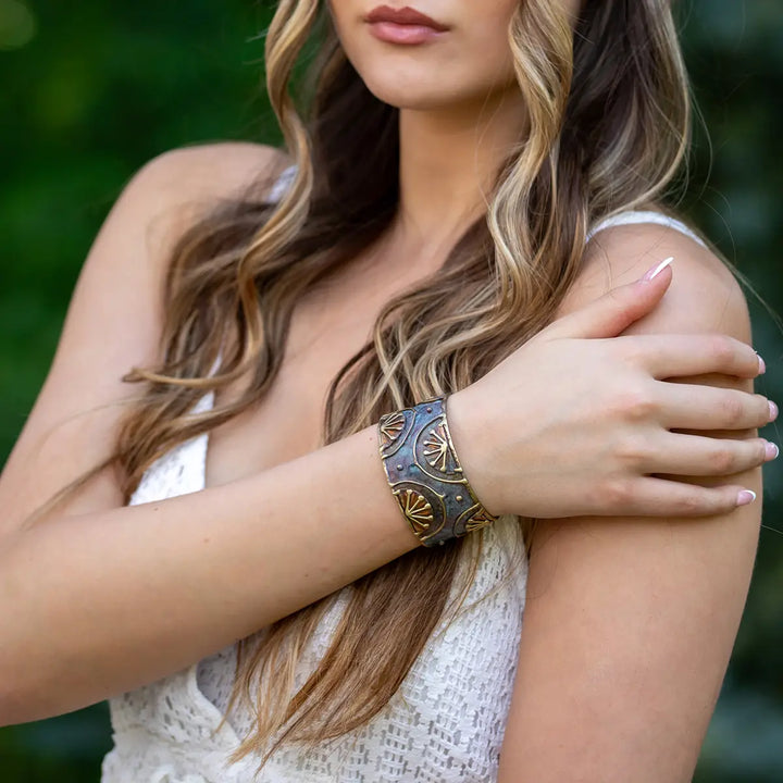 BRASS PATINA ADJUSTABLE BLUE SUN CUFF BRACELET