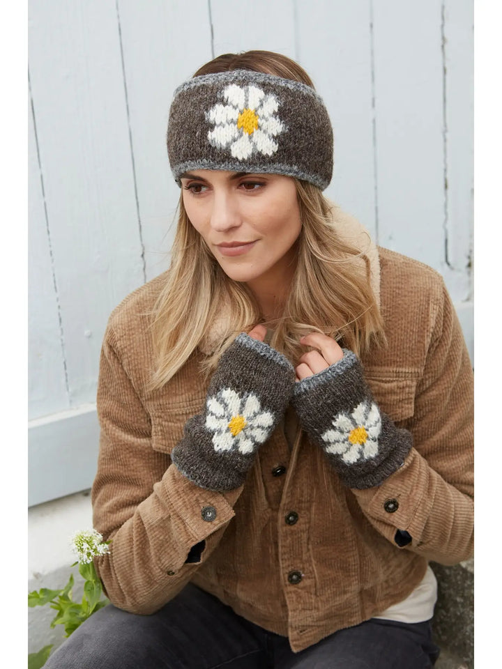 DAISY PRINT HAND KNITTED HEADBAND EAR WARMER