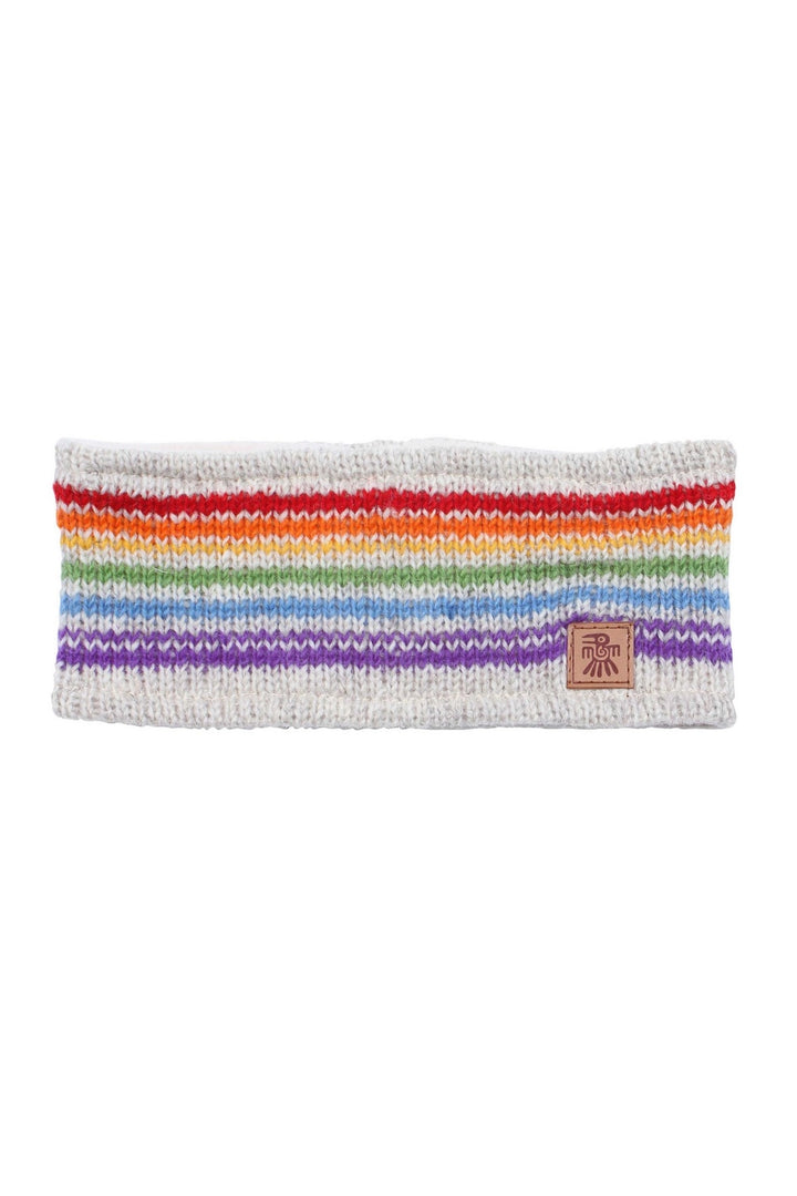 HAND KNITTED HEADBAND EAR WARMER: RAINBOW & OATMEAL