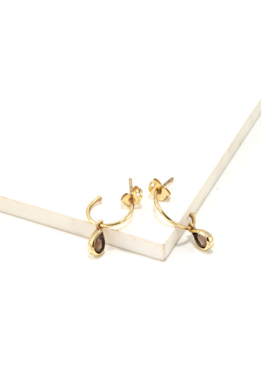 SMOKY QUARTZ BRASS PENDANT HOOPS