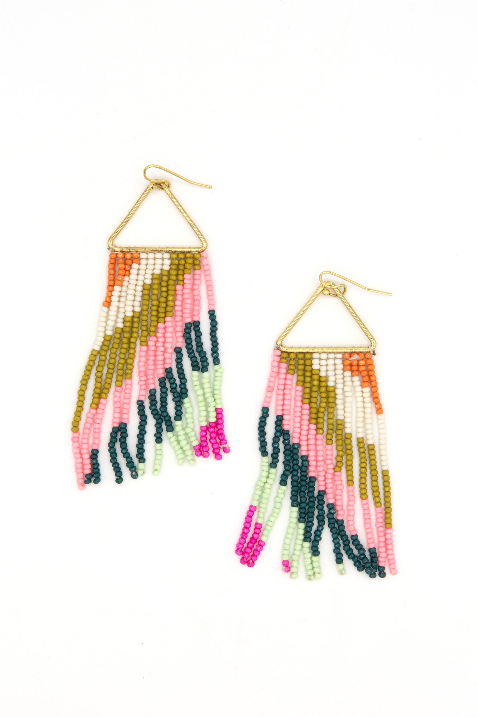 Diagonal Stripe Beaded Fringe Earrings Rainbow