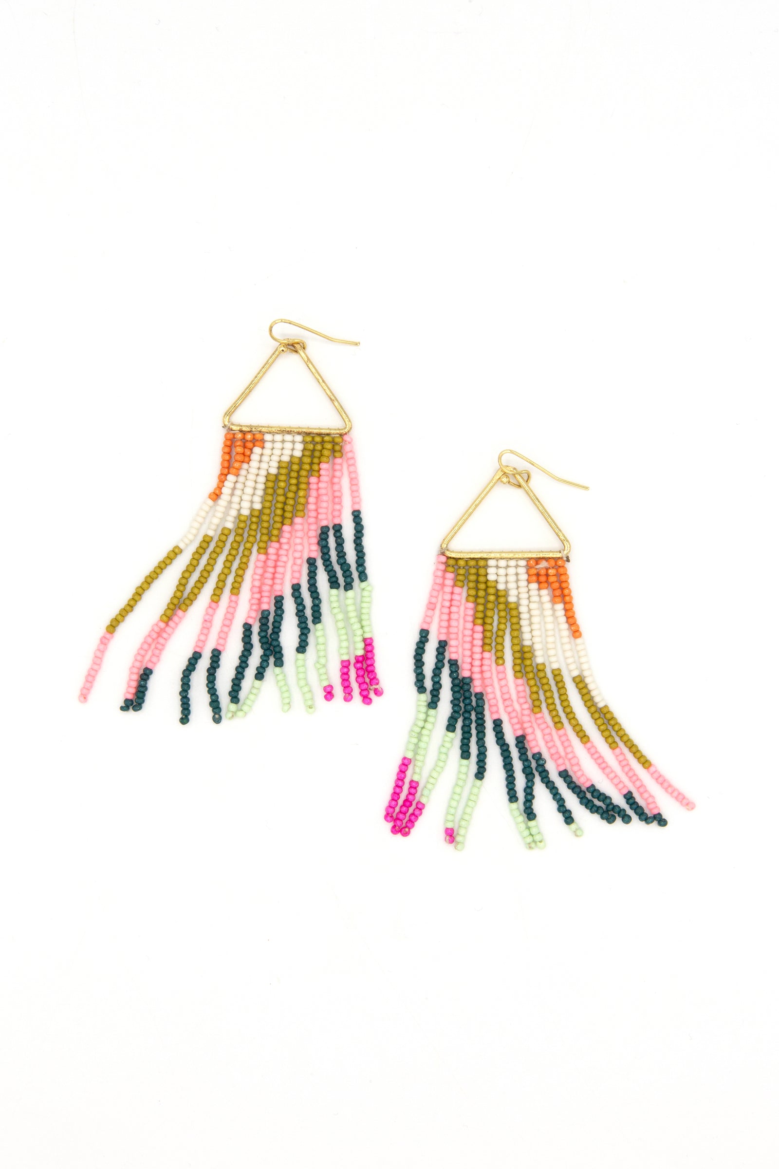 Diagonal Stripe Beaded Fringe Earrings Rainbow