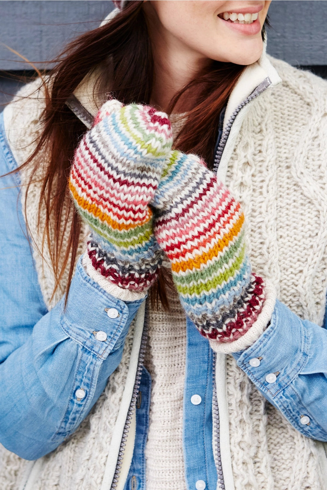 HAND KNITTED MITTENS: RAINBOW STRIPE