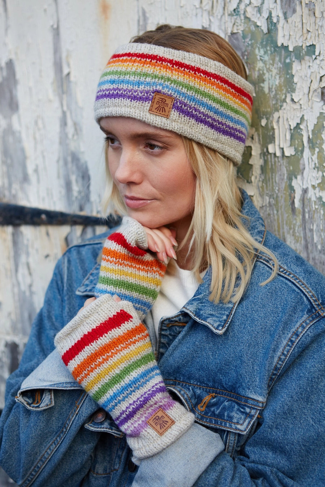 HAND KNITTED HEADBAND EAR WARMER: RAINBOW & OATMEAL