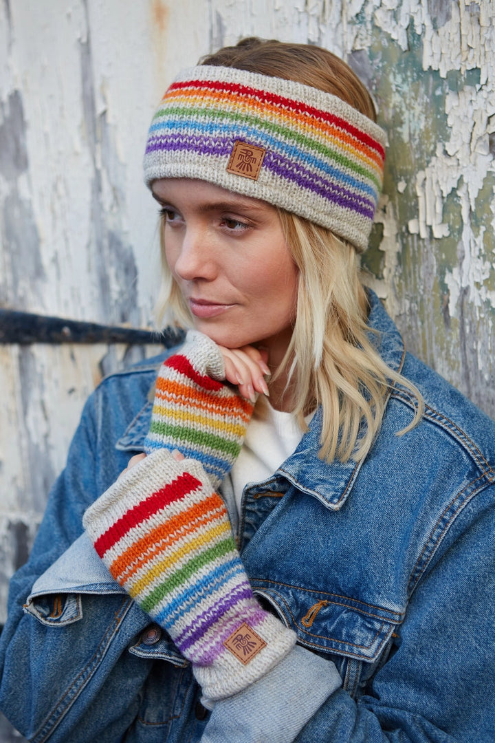 HAND KNITTED HEADBAND EAR WARMER: RAINBOW & OATMEAL