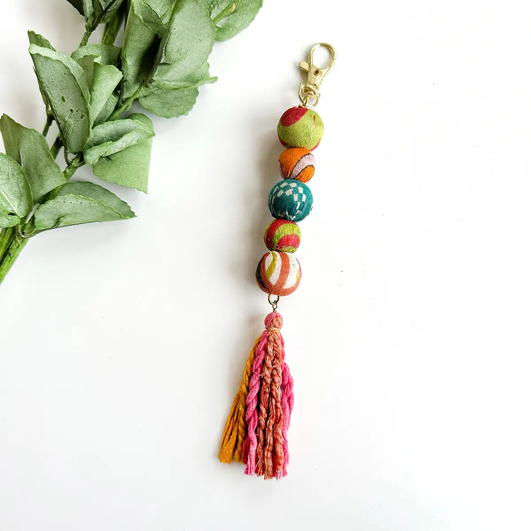 KANTHA BEAD AND TASSEL BAG CLIP/KEYCHAIN