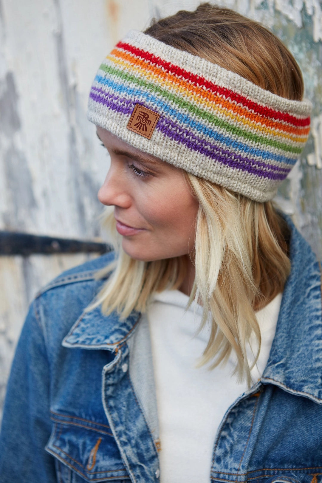 HAND KNITTED HEADBAND EAR WARMER: RAINBOW & OATMEAL