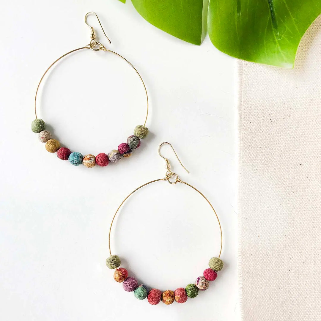 KANTHA BEADED WIRE HOOP EARRINGS