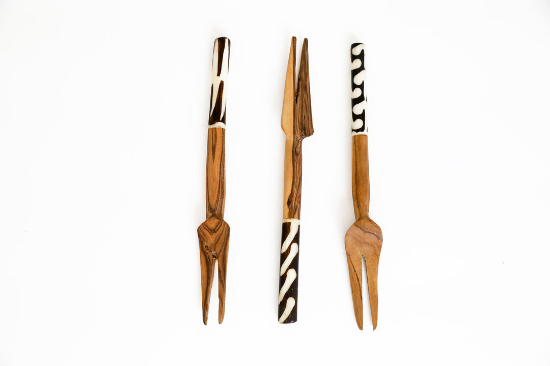 WOOD SERVING FORK WITH BONE HANDLE