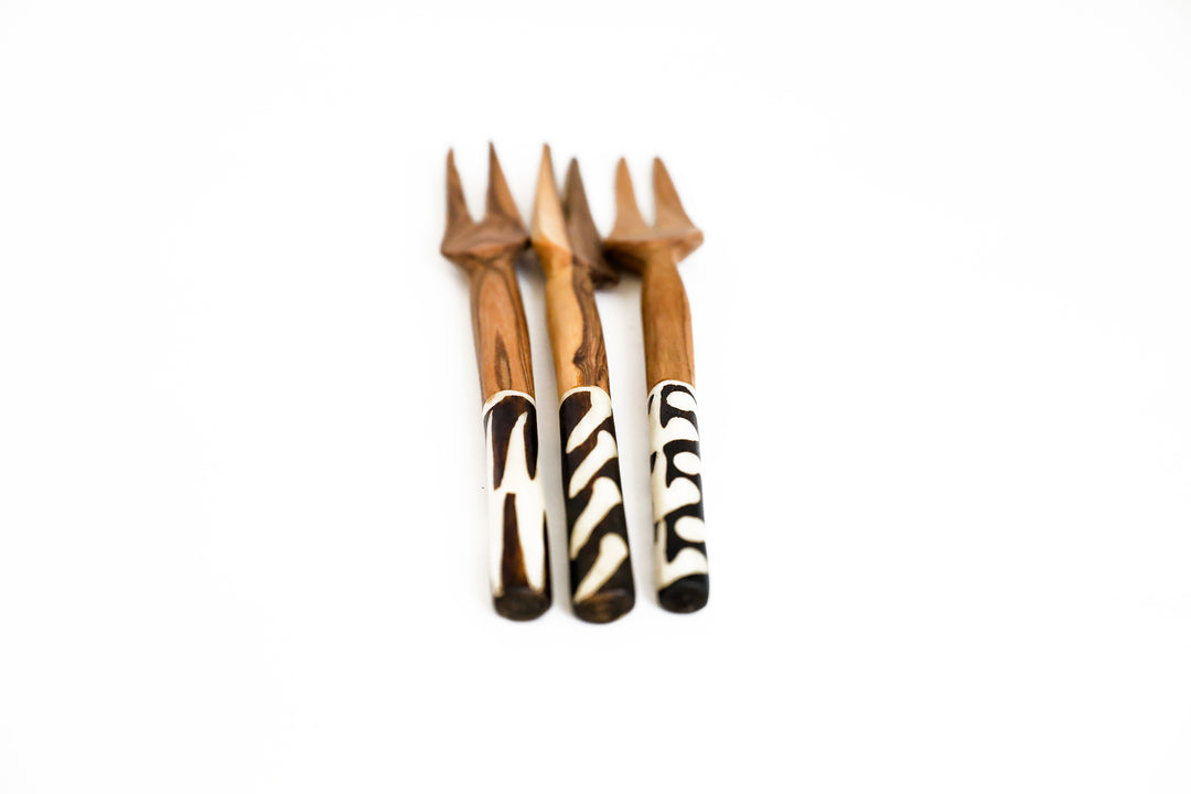 WOOD SERVING FORK WITH BONE HANDLE