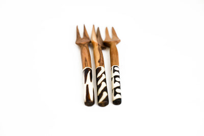 WOOD SERVING FORK WITH BONE HANDLE