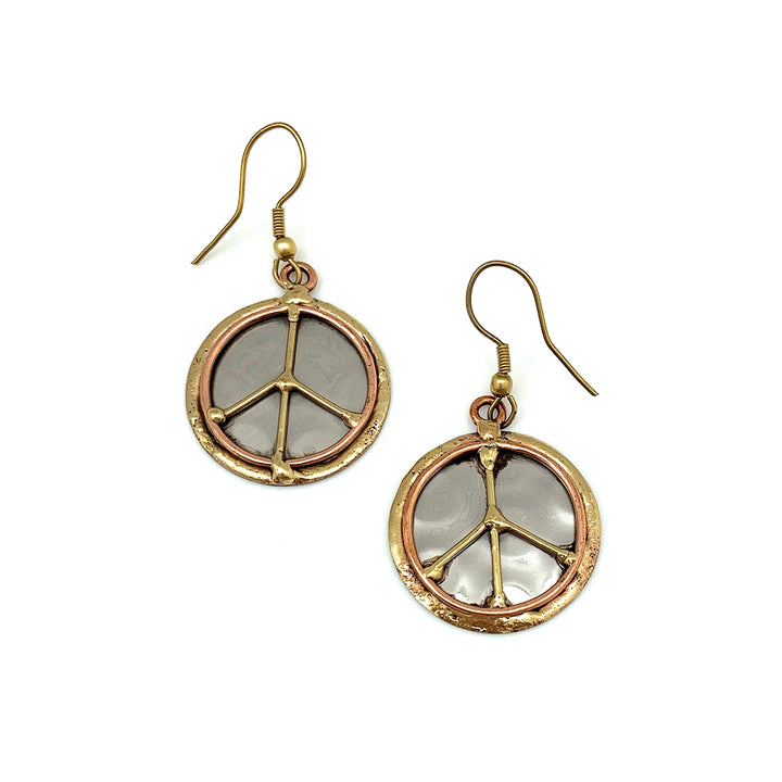 MIXED METAL PEACE SIGN DISC EARRINGS