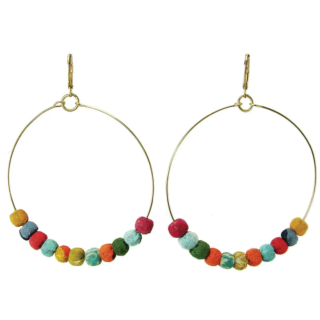 KANTHA BEADED WIRE HOOP EARRINGS