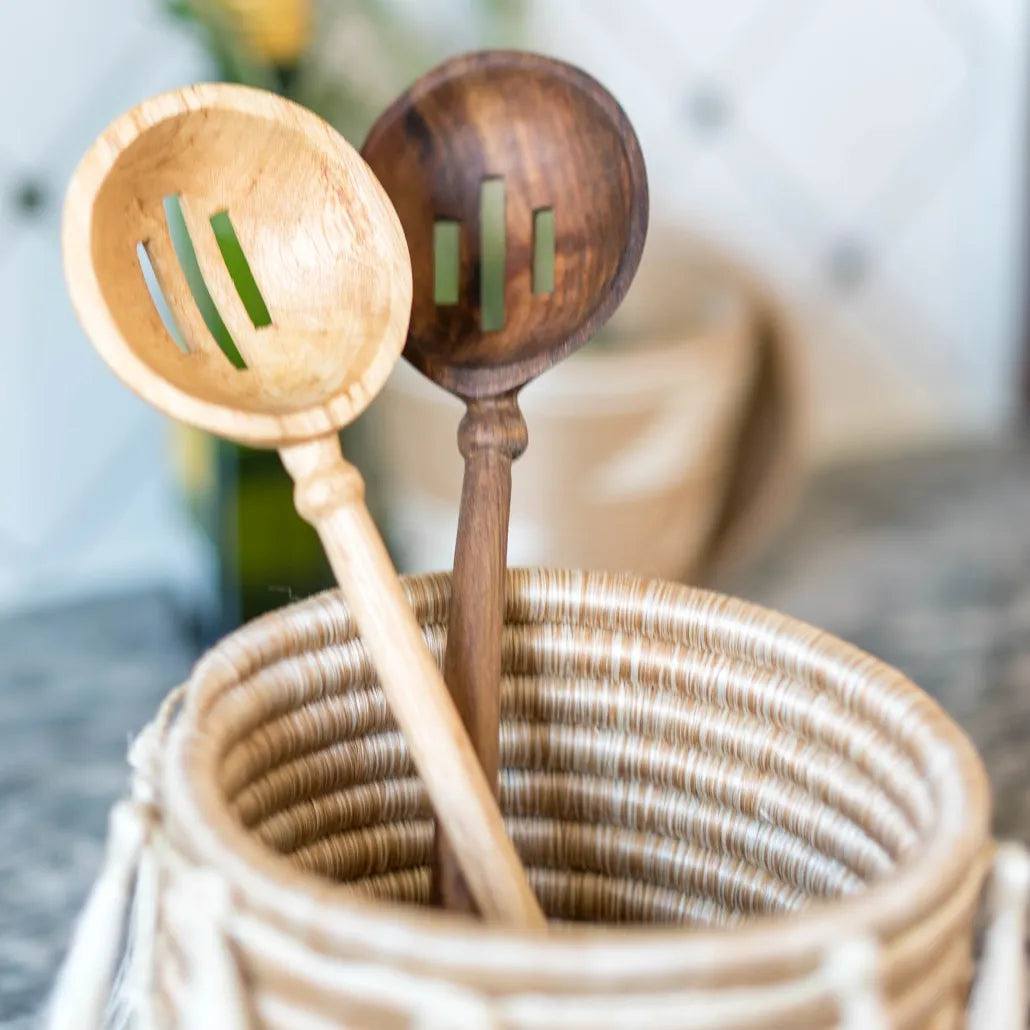 HAND CARVED WOOD FARMHOUSE SLOTTED SPOON