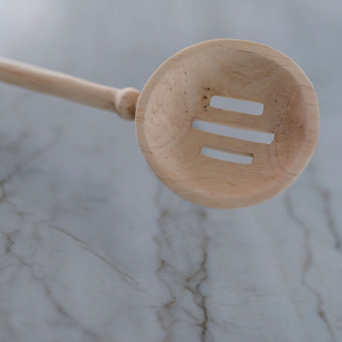 HAND CARVED WOOD FARMHOUSE SLOTTED SPOON