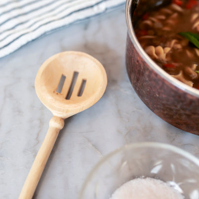 HAND CARVED WOOD FARMHOUSE SLOTTED SPOON