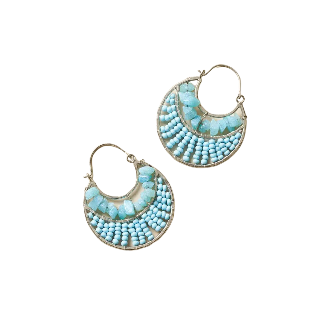 AMAZONITE BEADED  CRESCENT HOOP EARRINGS