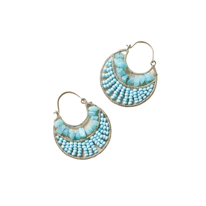 AMAZONITE BEADED  CRESCENT HOOP EARRINGS